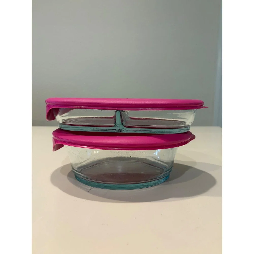 Pyrex Glass Food Storage Set 2pc Pink Vented Lids Divided 3.6 Cup & 2 Cup Round